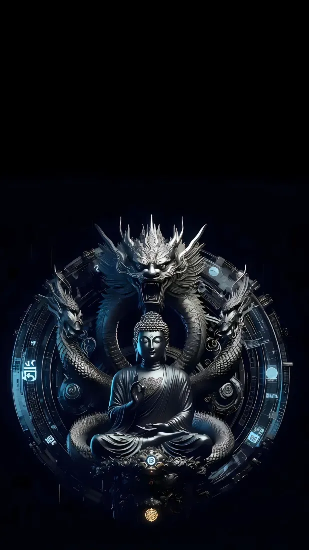 盘龙佛像手机壁纸｜国风暗黑冷光背景图片 - 禅意艺术雕塑「哲风壁纸」