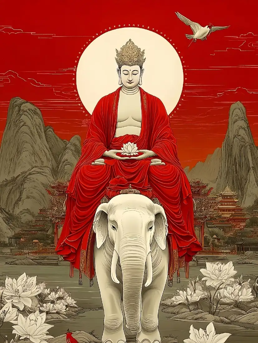 普贤菩萨手机壁纸｜国风山水莲花背景图片 - 禅意古风插画「哲风壁纸」