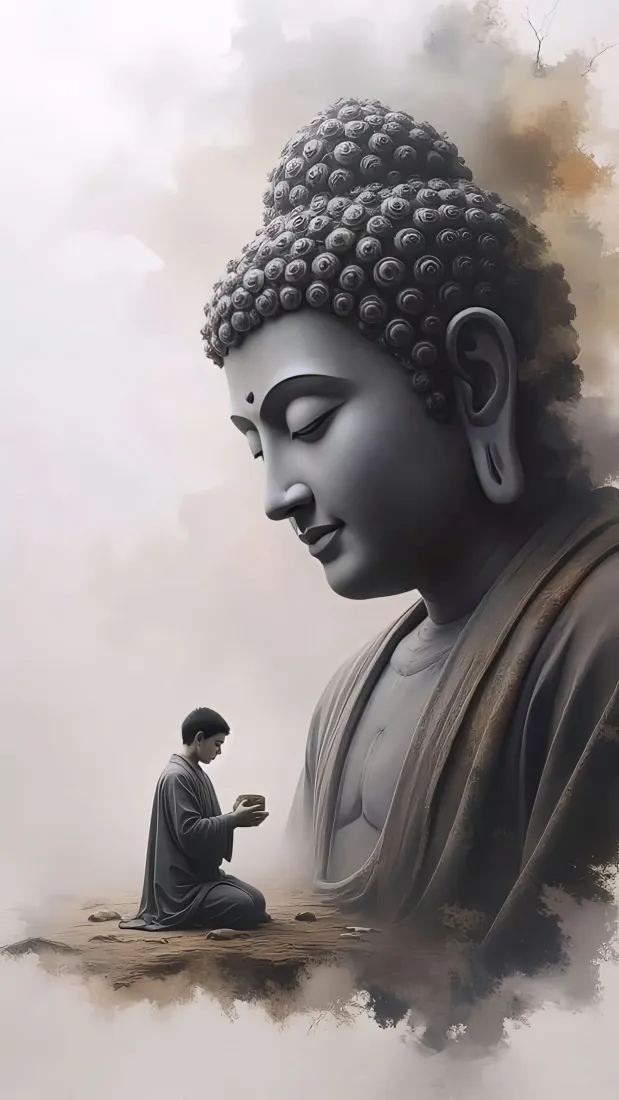 禅意佛像手机壁纸｜水墨国风僧侣跪拜背景图片 - 修行祈福「哲风壁纸」
