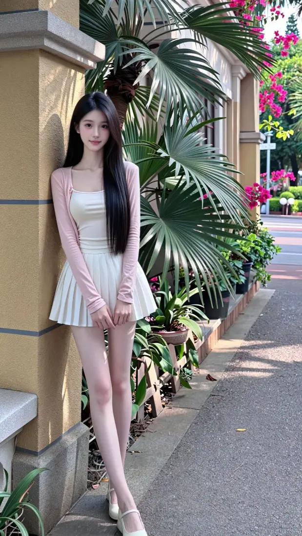 甜美长发美女手机壁纸｜户外绿植街道背景图片 - 清纯穿搭「哲风壁纸」