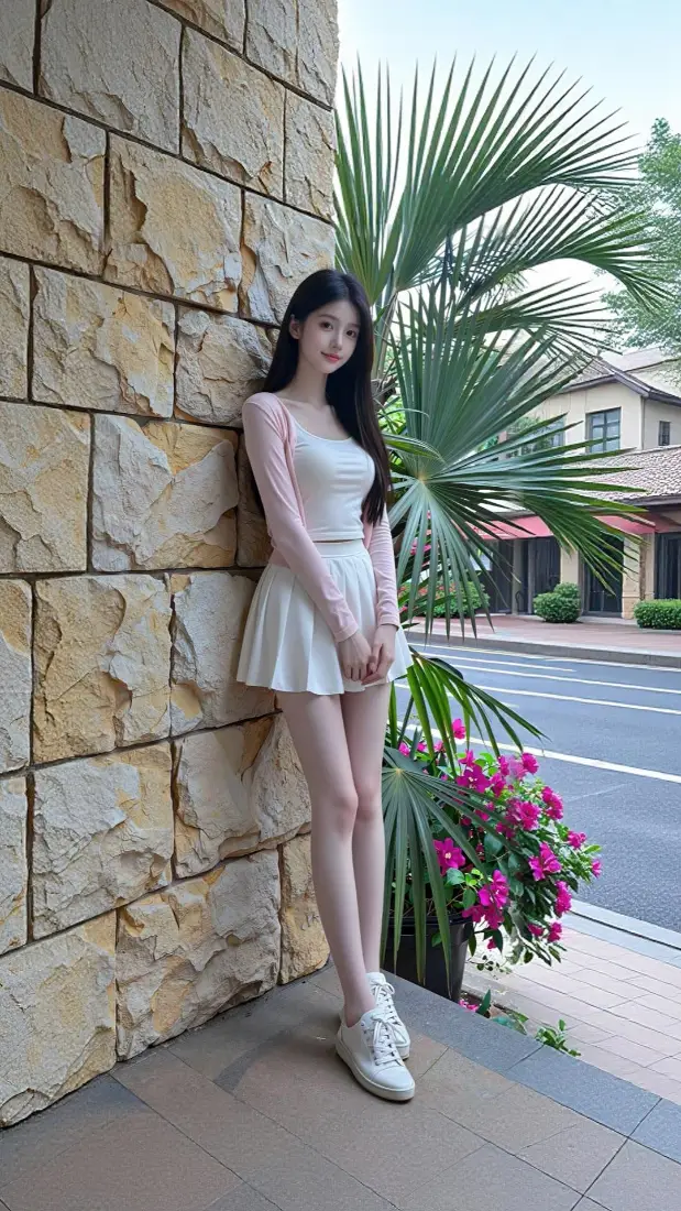 长发白衣美女手机壁纸｜石墙绿植背景图片 - 户外清新街拍「哲风壁纸」