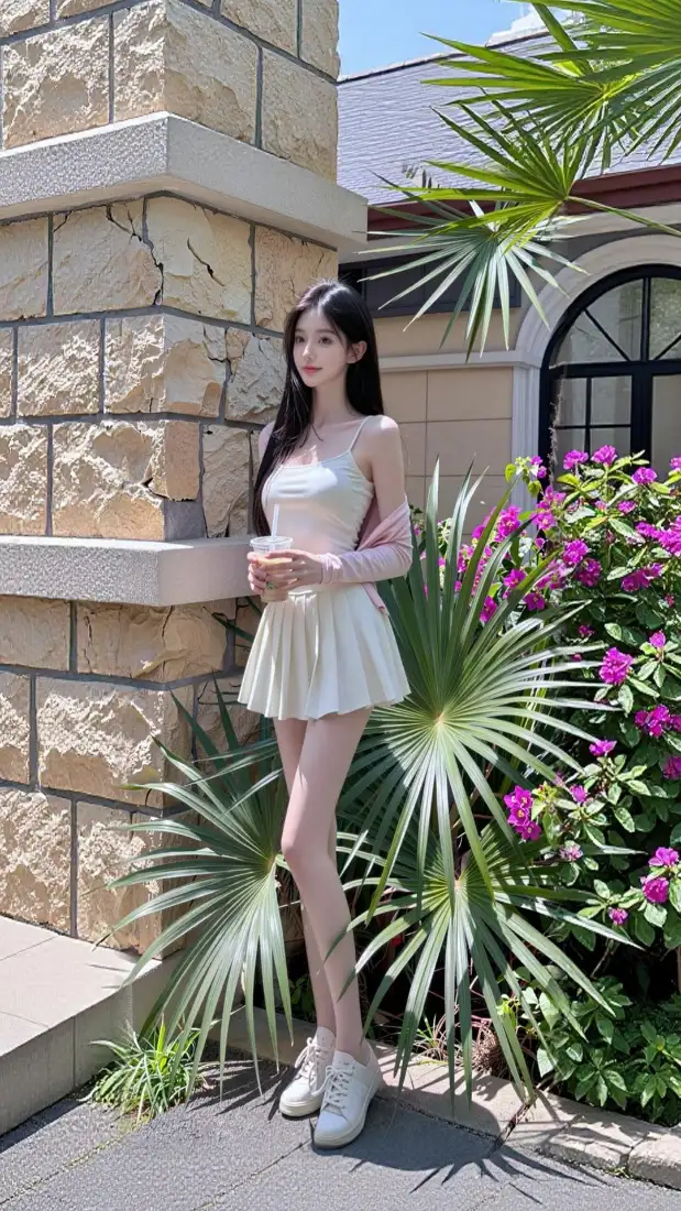白裙长发美女手机壁纸｜户外庭院绿植背景图片 - 清新时尚写真「哲风壁纸」