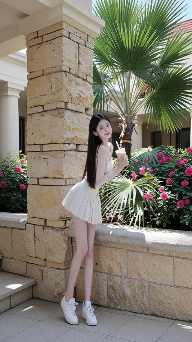 长发白衣美女手机壁纸｜户外庭院背景图片 - 夏日清新休闲「哲风壁纸」