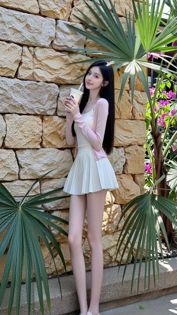 长发甜美美女手机壁纸｜户外石墙背景图片 - 夏日清新穿搭「哲风壁纸」