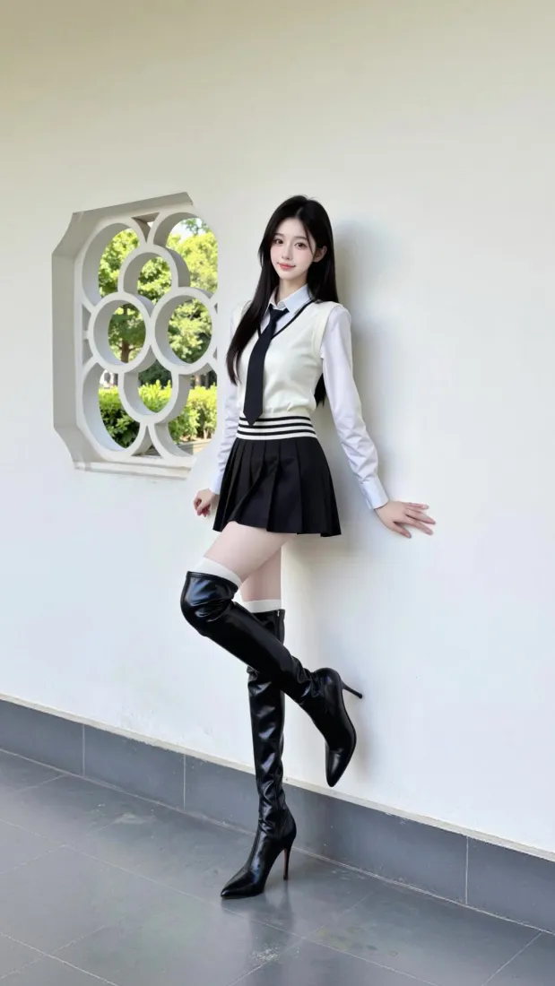 学院风美女手机壁纸｜白墙花窗背景图片 - 制服穿搭写真「哲风壁纸」
