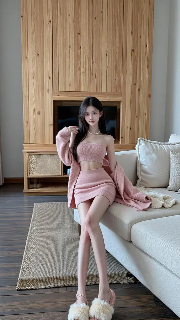粉色穿搭美女手机壁纸｜居家沙发背景图片 - 时尚写真「哲风壁纸」