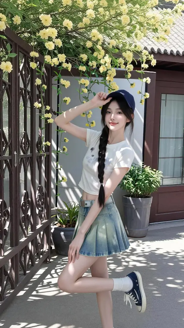 甜美少女手机壁纸｜庭院黄花背景图片 - 清新时尚人像「哲风壁纸」