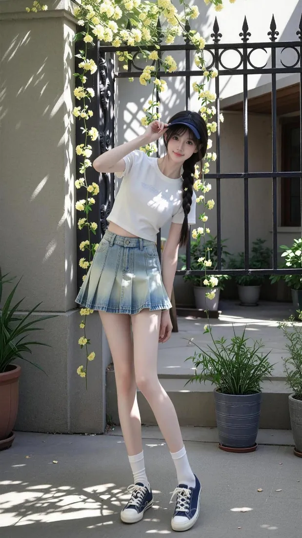 青春少女手机壁纸｜庭院绿植背景图片 - 夏日休闲穿搭「哲风壁纸」
