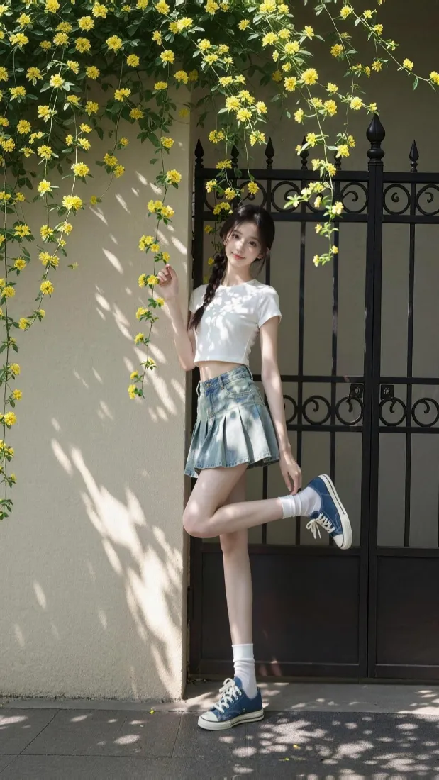 甜美少女手机壁纸｜花墙街景背景图片 - 夏日清新穿搭「哲风壁纸」