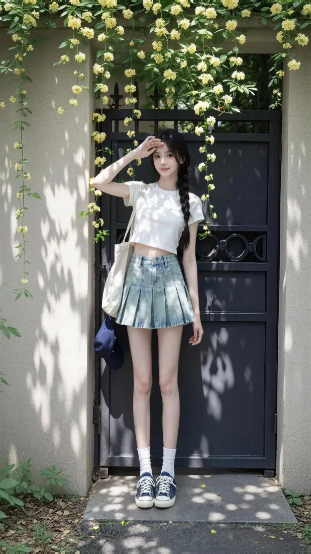 麻花辫少女手机壁纸｜庭院黄花光影背景图片 - 夏日清新穿搭「哲风壁纸」