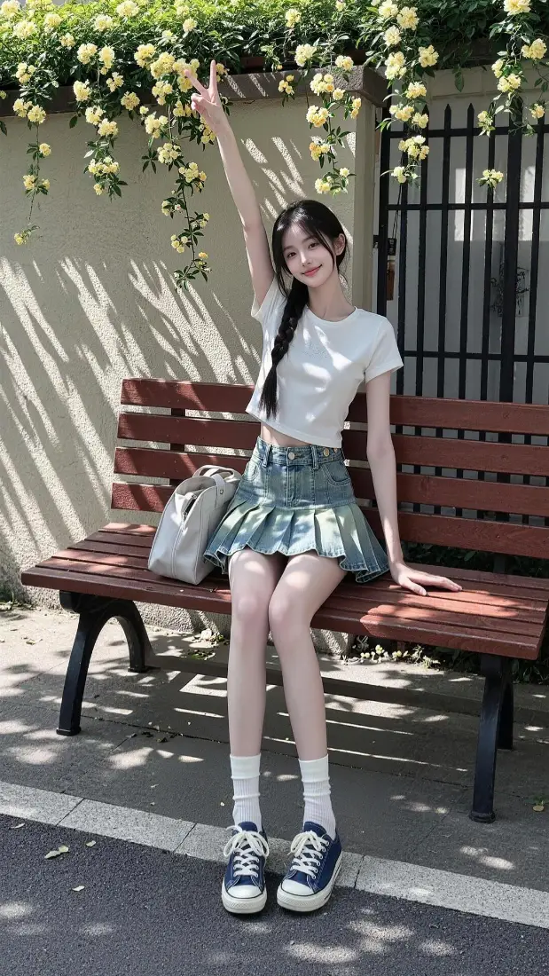 青春少女手机壁纸｜户外长椅背景图片 - 夏日清新穿搭「哲风壁纸」