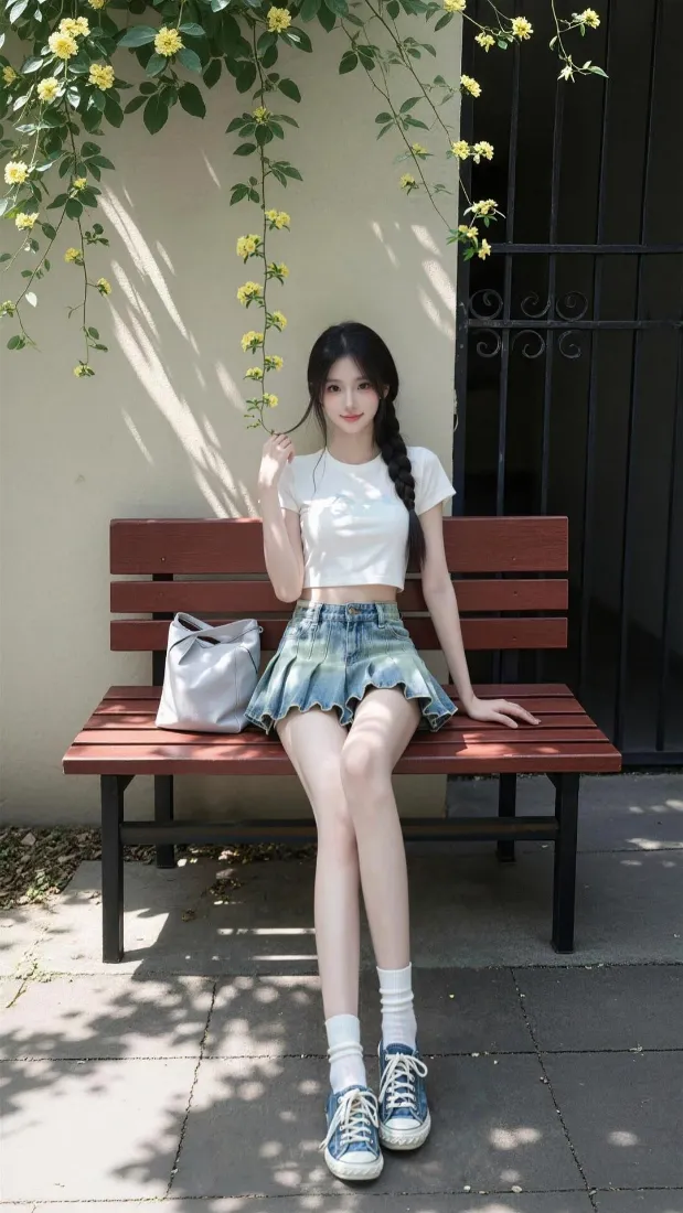 清甜少女手机壁纸｜户外长椅阳光背景图片 - 夏日休闲穿搭「哲风壁纸」