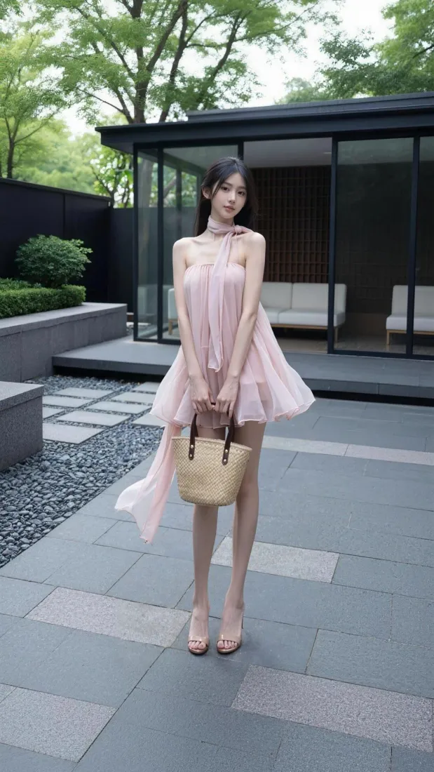 穿粉色纱裙美女手机壁纸｜庭院绿植背景图片 - 时尚穿搭「哲风壁纸」