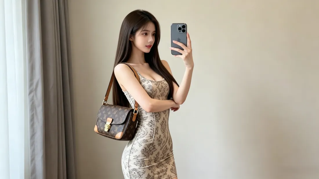 3k长发美女壁纸｜吊带碎花裙穿搭背景图片 - 室内对镜自拍「哲风壁纸」