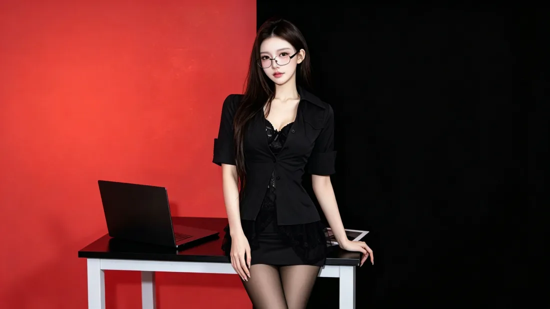 3k气质美女壁纸｜红黑撞色背景图片 - 职业装写真「哲风壁纸」