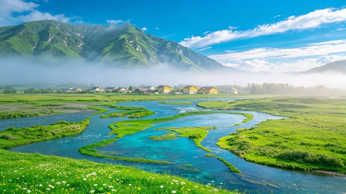 3k青山湿地壁纸｜河流草原背景图片 - 清新自然治愈风光「哲风壁纸」