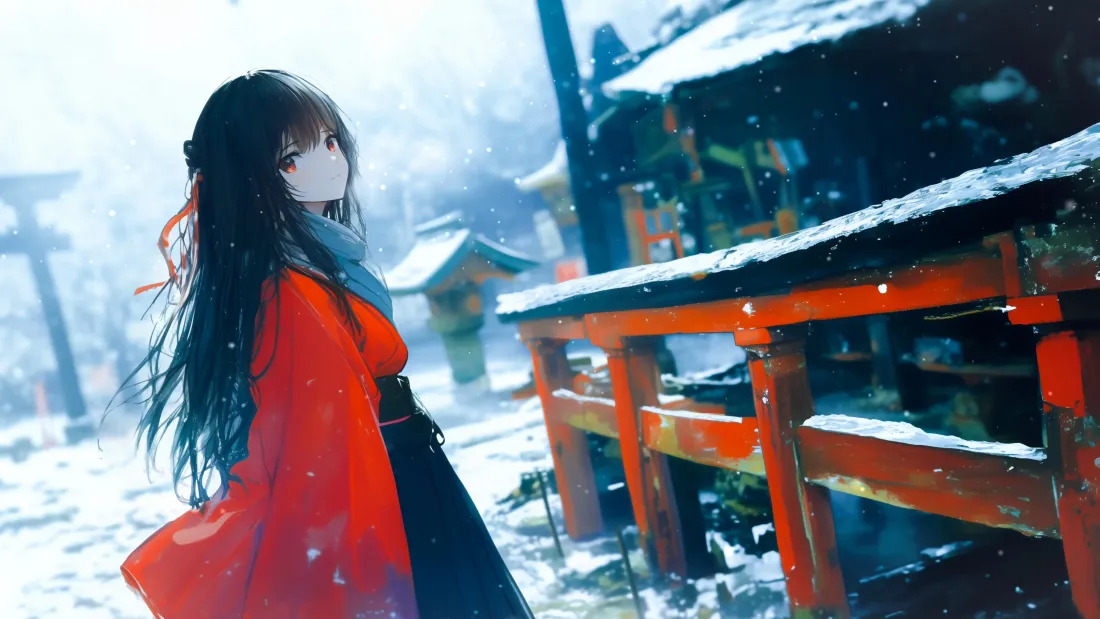 4k红衣动漫少女壁纸｜冬日神社雪景背景图片 - 清新氛围感「哲风壁纸」