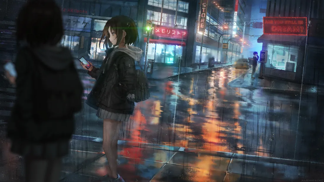 3k二次元短发女孩壁纸｜雨夜城市街道背景图片 - 霓虹倒影「哲风壁纸」