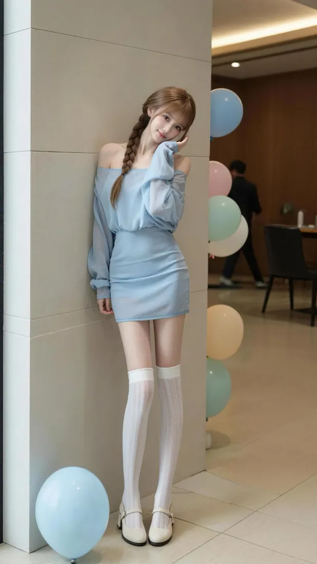 麻花辫美女手机壁纸｜浅蓝裙配白袜背景图片 - 清新甜美好看「哲风壁纸」