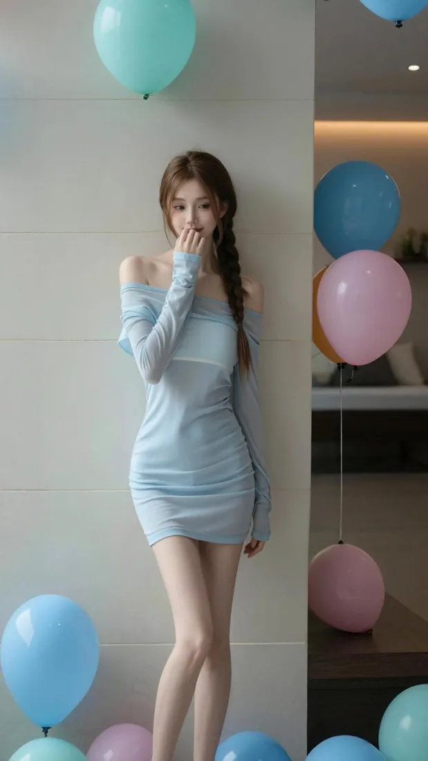 麻花辫美女手机壁纸｜浅蓝色包臀裙背景图片 - 气球氛围感写真「哲风壁纸」