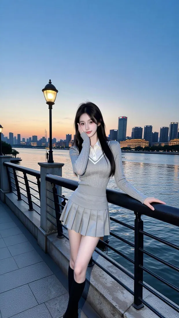 气质美女手机壁纸｜江边城市黄昏背景图片 - 时尚穿搭「哲风壁纸」