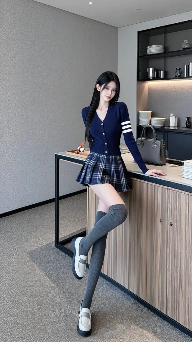 甜美学院风美女手机壁纸｜现代居家吧台背景图片 - 时尚穿搭「哲风壁纸」