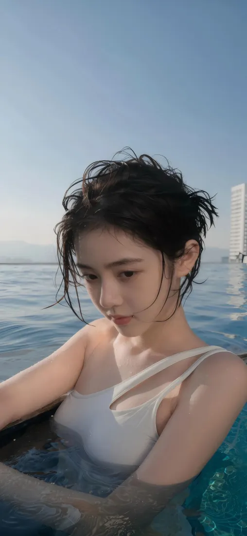 泳池美女手机壁纸｜蓝天海边背景图片 - 清新氛围感人像「哲风壁纸」