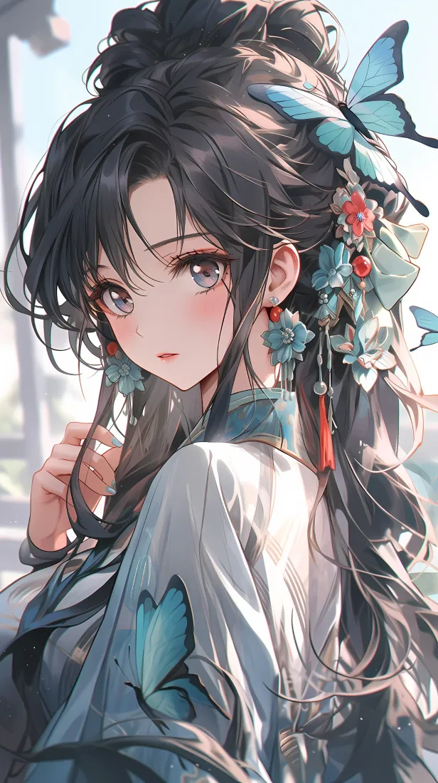 古风动漫少女手机壁纸｜青蓝汉服背景图片 - 蝴蝶发饰「哲风壁纸」