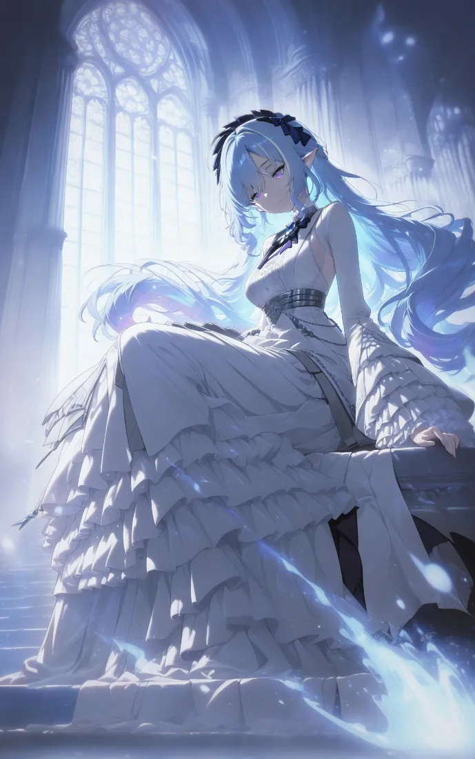 蓝发精灵少女手机壁纸｜教堂光影背景图片 - 二次元插画「哲风壁纸」