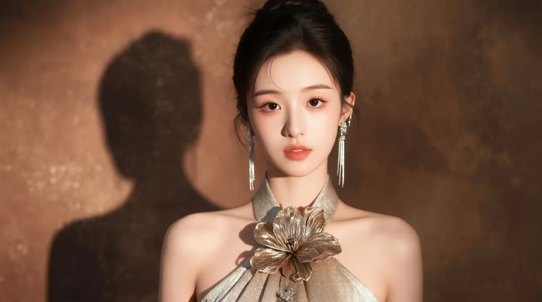 2k新中式美女壁纸｜露肩礼服背景图片 - 优雅光影人像「哲风壁纸」