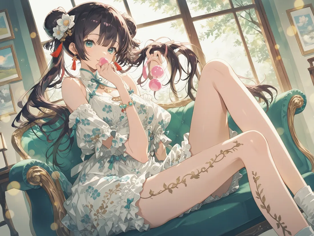 2k国风动漫少女壁纸｜碎花裙沙发背景图片 - 二次元插画「哲风壁纸」