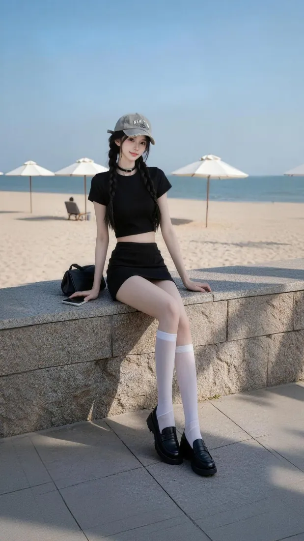 甜酷少女手机壁纸｜海边沙滩背景图片 - 时尚穿搭「哲风壁纸」