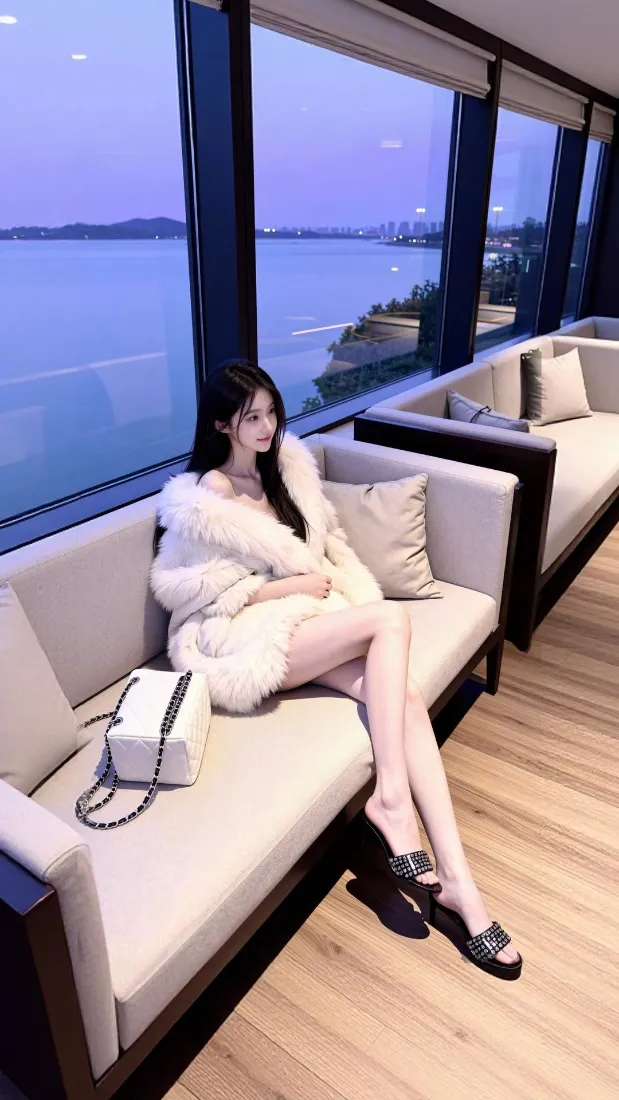 长发气质美女手机壁纸｜落地窗湖景背景图片 - 轻奢皮草穿搭「哲风壁纸」