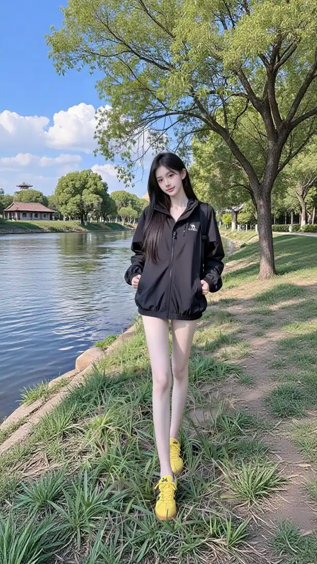 长腿美女手机壁纸｜公园河边背景图片 - 清新户外穿搭「哲风壁纸」