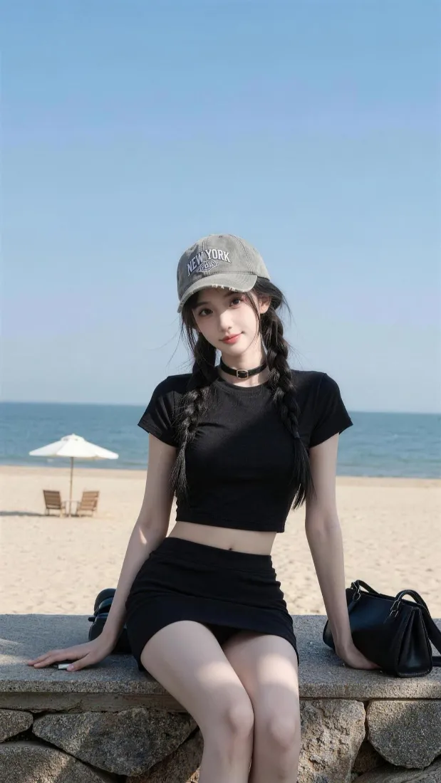 甜酷麻花辫美女手机壁纸｜海边沙滩背景图片 - 休闲穿搭「哲风壁纸」