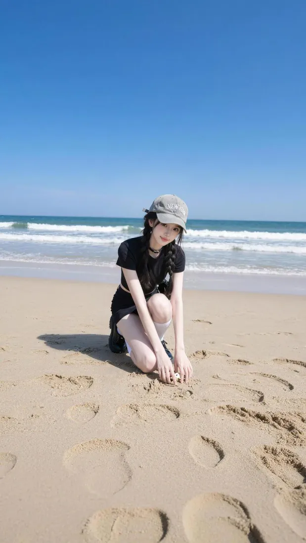 海边少女手机壁纸｜沙滩蓝天海浪背景图片 - 清新人像「哲风壁纸」