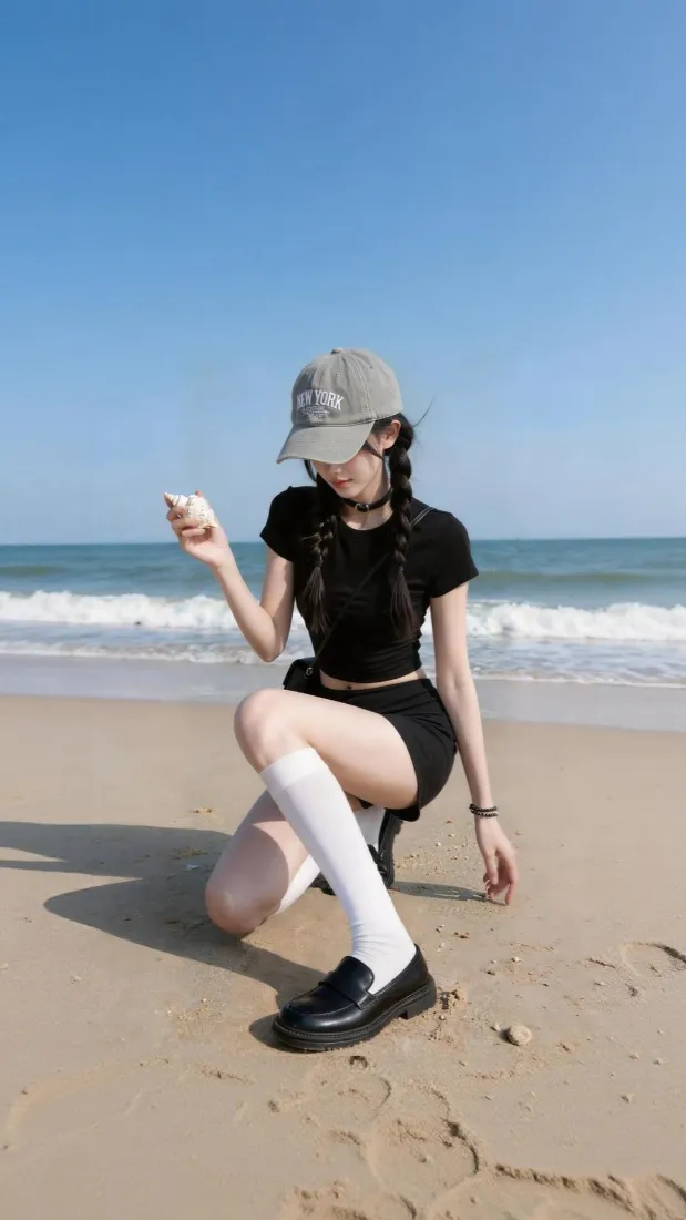 双麻花辫少女手机壁纸｜海边沙滩背景图片 - 夏日休闲穿搭「哲风壁纸」
