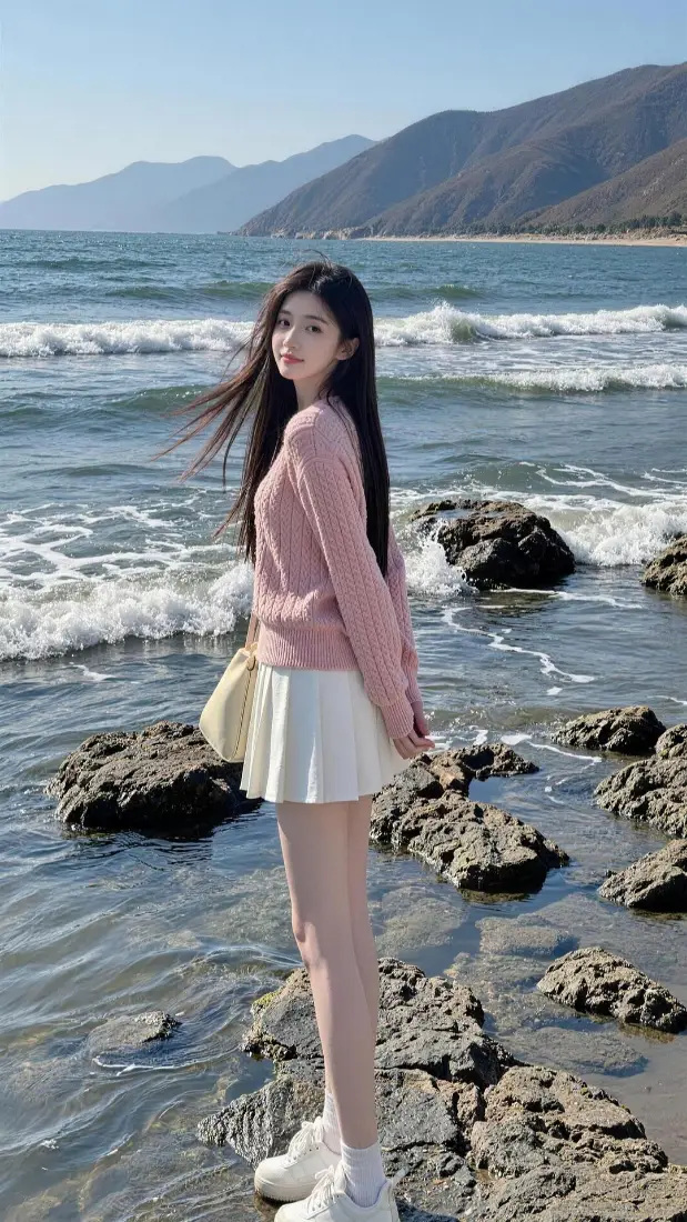 粉衣长发少女手机壁纸｜海边礁石背景图片 - 清新休闲穿搭「哲风壁纸」