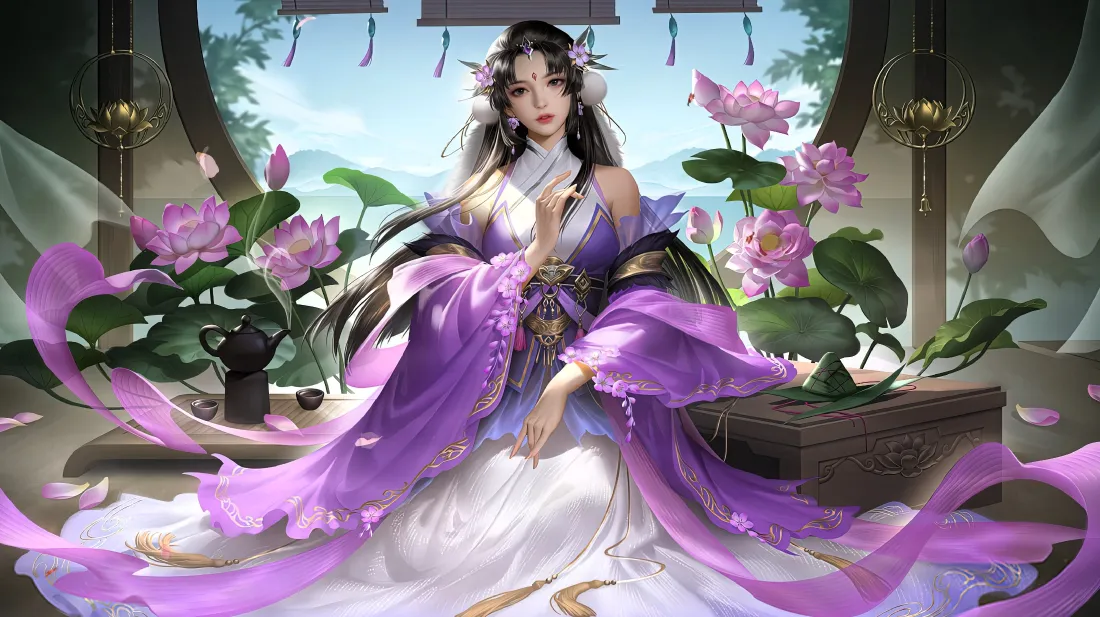 4k紫衣古风仙女壁纸｜荷花亭台背景图片 - 梦幻国风仙侠「哲风壁纸」