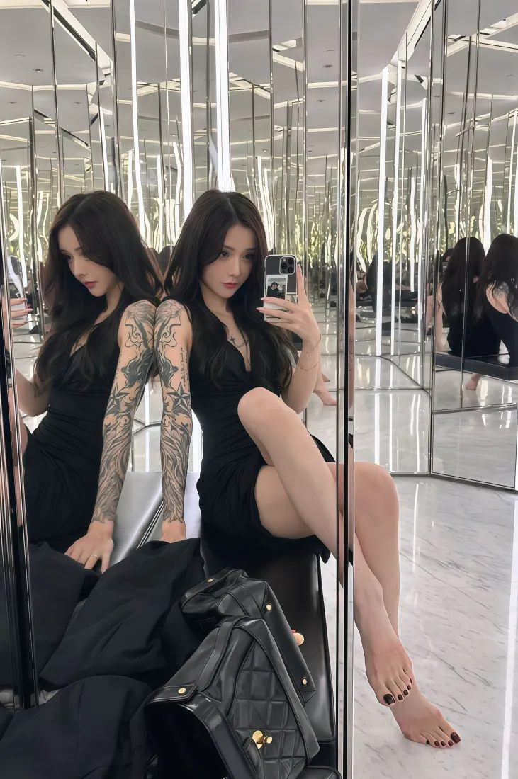 纹身美女手机壁纸｜镜面空间背景图片 - 黑色穿搭对镜自拍「哲风壁纸」