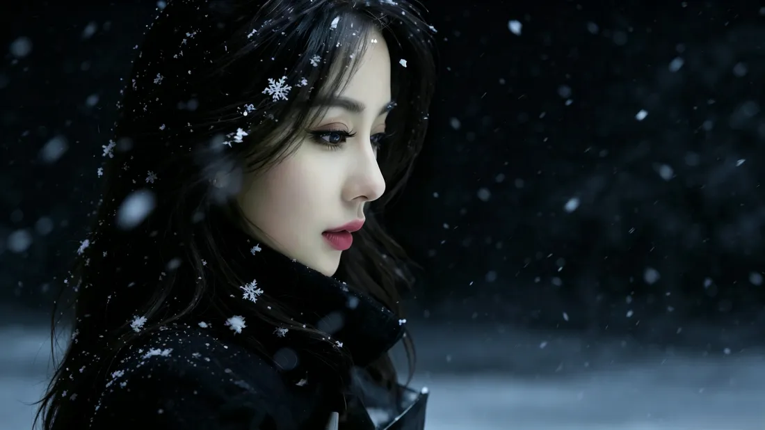 3k雪中清冷美女壁纸｜冬季飘雪背景图片 - 氛围感侧脸「哲风壁纸」