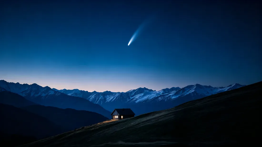 3k流星雪山壁纸｜山间小屋背景图片 - 静谧治愈夜景「哲风壁纸」
