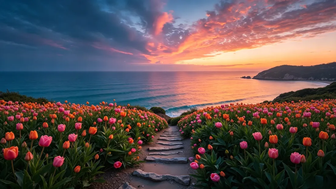 3k滨海花径壁纸｜日落海岸背景图片 - 治愈自然风景「哲风壁纸」