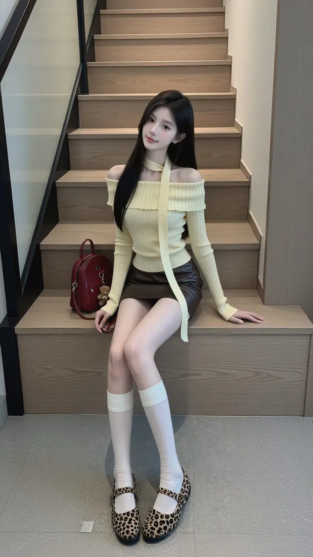甜系美女手机壁纸｜室内楼梯背景图片 - 时尚穿搭写真「哲风壁纸」