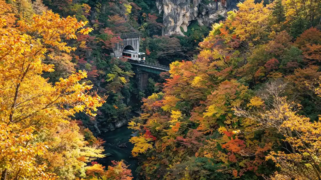 3k秋日峡谷壁纸｜山林列车穿行背景图片 - 绚烂秋景「哲风壁纸」