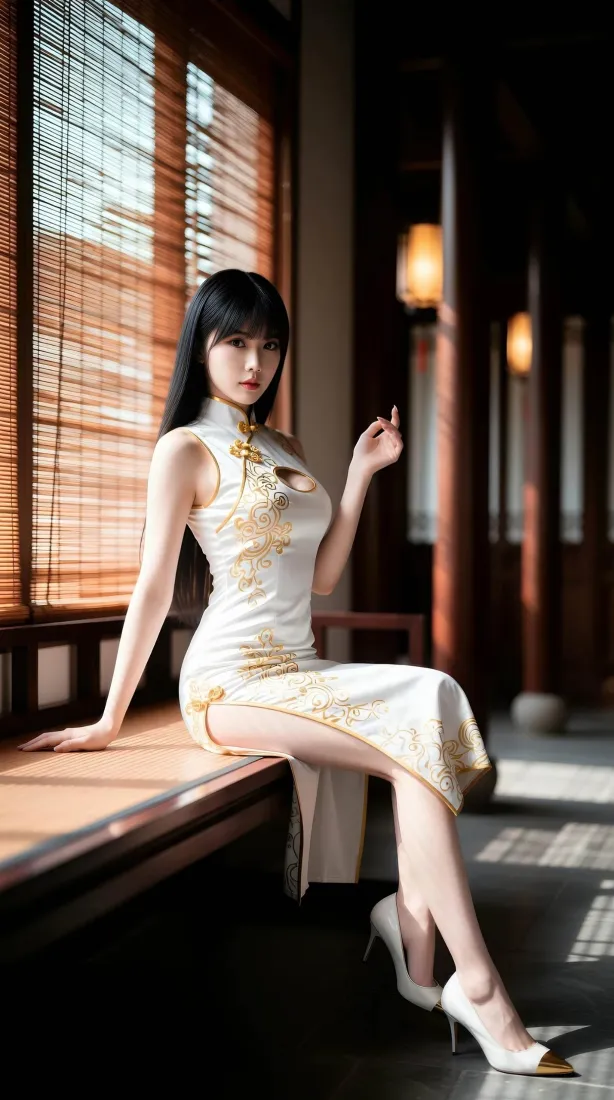 白旗袍美女手机壁纸｜中式廊道背景图片 - 国风气质写真「哲风壁纸」