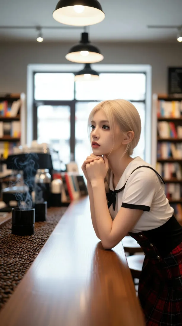 金发麻花辫美女手机壁纸｜书店室内背景图片 - JK制服写真「哲风壁纸」