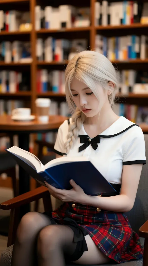 金发麻花辫美女手机壁纸｜图书馆看书背景图片 - 学院风穿搭「哲风壁纸」