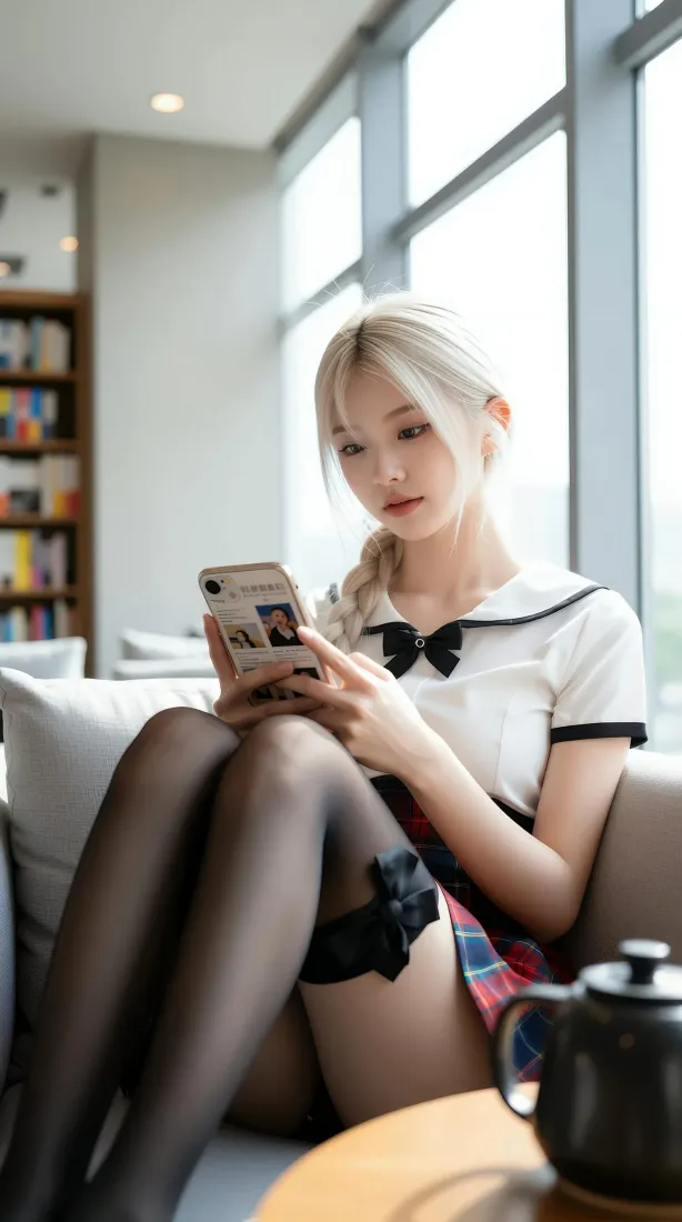 金发麻花辫美女手机壁纸｜居家沙发背景图片 - 水手服少女休闲「哲风壁纸」