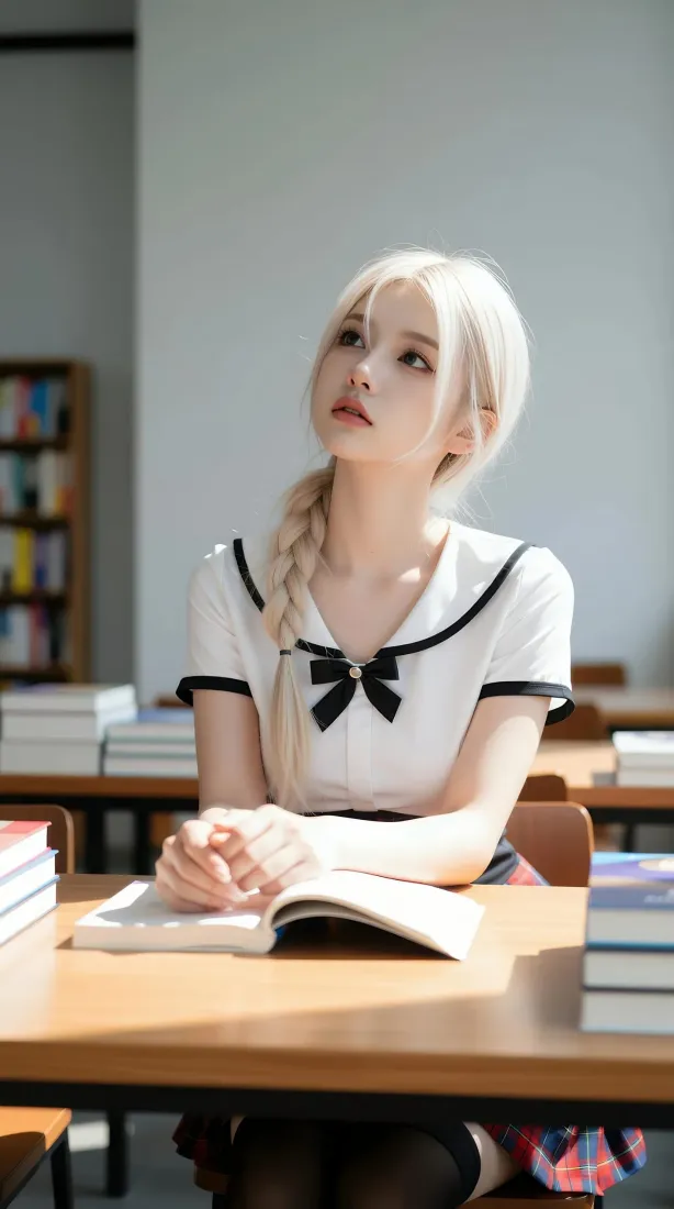 白发麻花辫美女手机壁纸｜教室书桌背景图片 - 清纯水手服少女「哲风壁纸」
